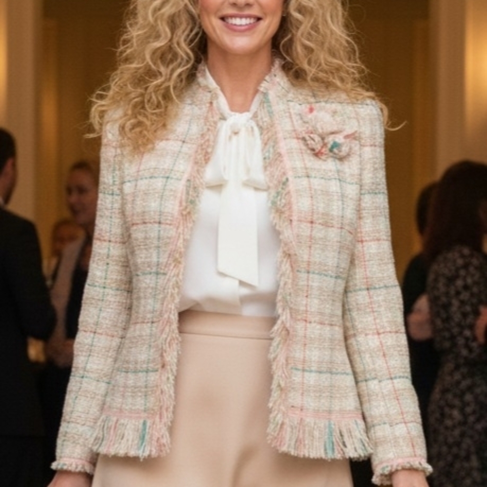 APRIORI💝CHANEL-LIKE Fringed Plaid Blazer with PRETTY PINK RIBBON TRIM Sz 10